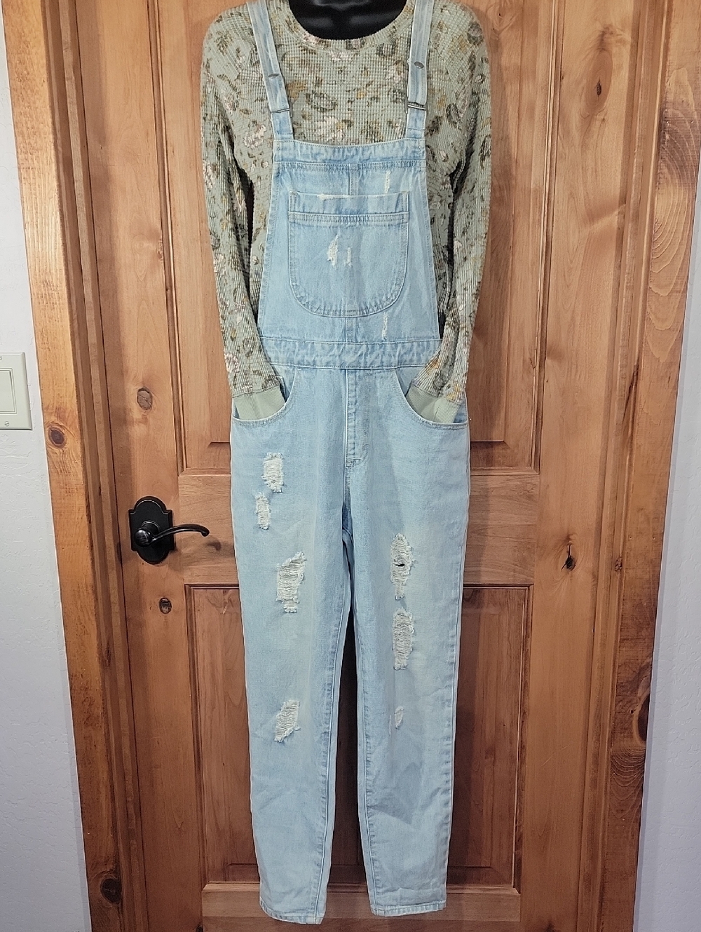 Light Wash Distressed Denim Overalls - Picture 2 of 15